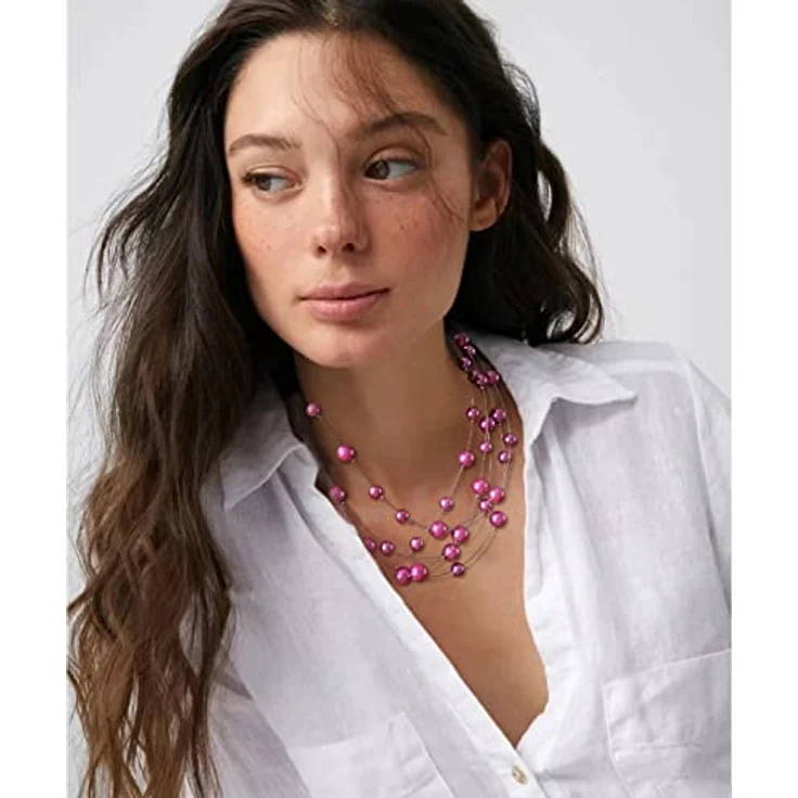 FULU AUTUMN Boho Perlenkette Damen, Mehrreihige Silber Statement Kette, 17 Zoll mit 2.7 Zoll Verlängerung, Hot Pink – Bild 3