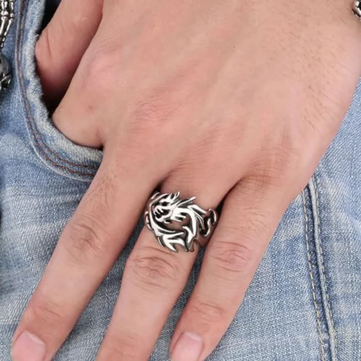 KONFEN Drachen Herren Ring, Wikinger Hypoallergen, Verstellbarer, Vintage Hip Pop Offener Ring, Silber, Einzigartige Textur für Herrenschmuck – Bild 2