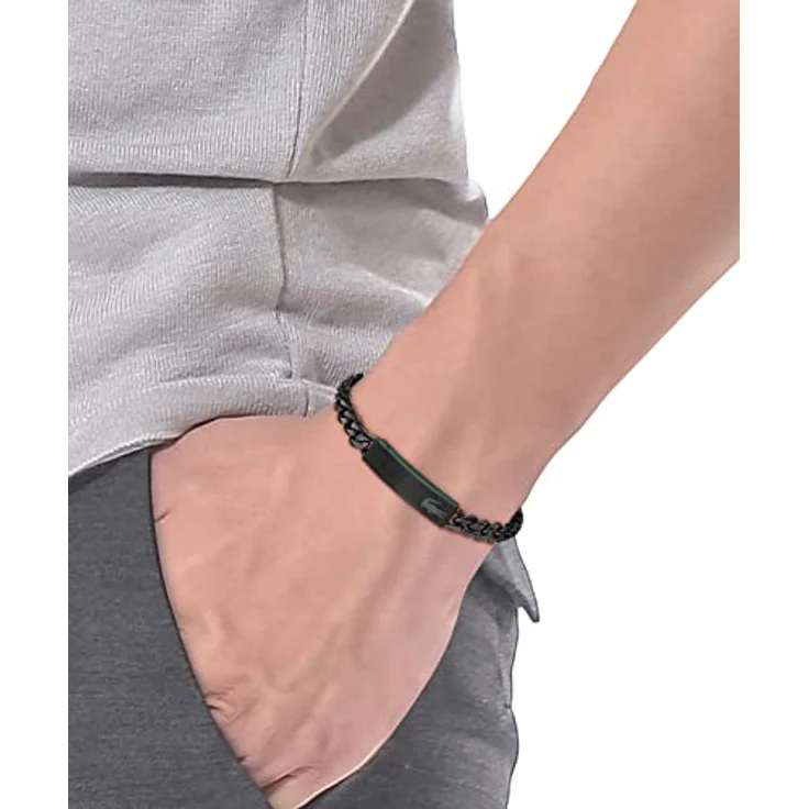 Lacoste Gliederarmband für Herren, Edelstahl mit schwarzer IP-Beschichtung, 19 cm Umfang, grünes emailliertes Streifen-Design, magnetischer Verschluss – Bild 3
