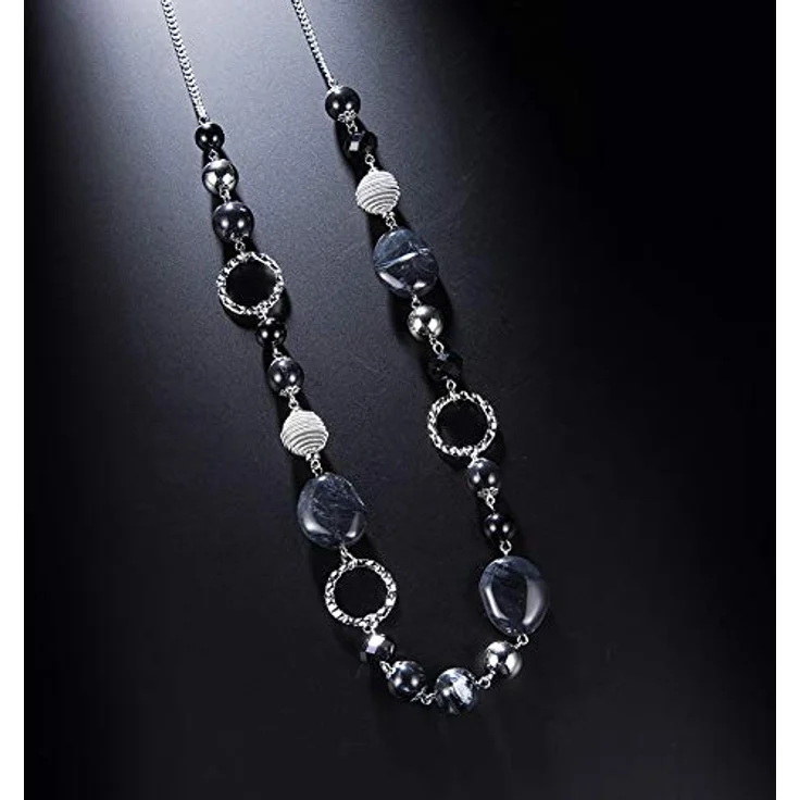 Bulinlin Damen Lange Perlenkette Statement Boho Silberkette mit Harz- und Glaskristallperlen, 35 Zoll + 3 Zoll Verlängerung, Schwarz – Bild 4