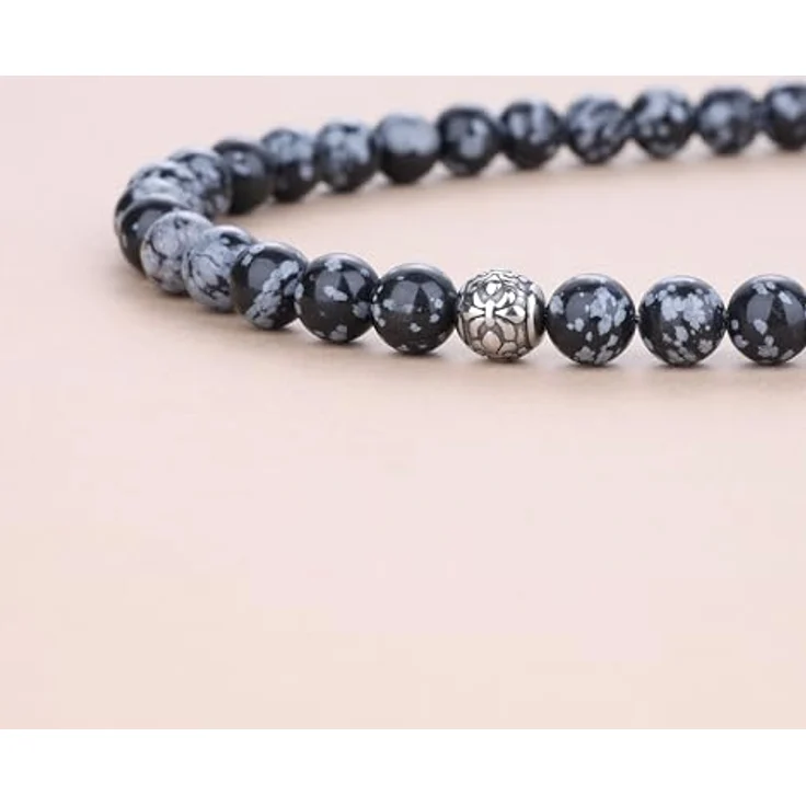 GAVU Herren Halskette, handgemachte 60 cm Schneeflocken Obsidian mit Edelstahl Fleur De Lis Perlen, heilender Kristall – Bild 5