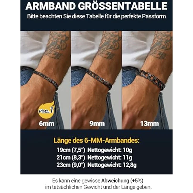 PROSTEEL Panzerarmband Herren, Edelstahl Gliederarmband in Schwarz, 19cm lang, 6mm breit, wasserdicht und hautfreundlich – Bild 2