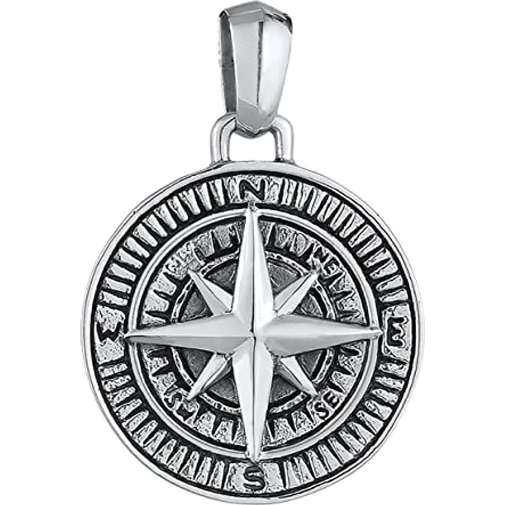 Kuzzoi Silber Kompass Anhänger (25 mm) aus 925er Sterling Silber, oxidiert - Exklusives Herren Accessoire in Schwarz, handgefertigt