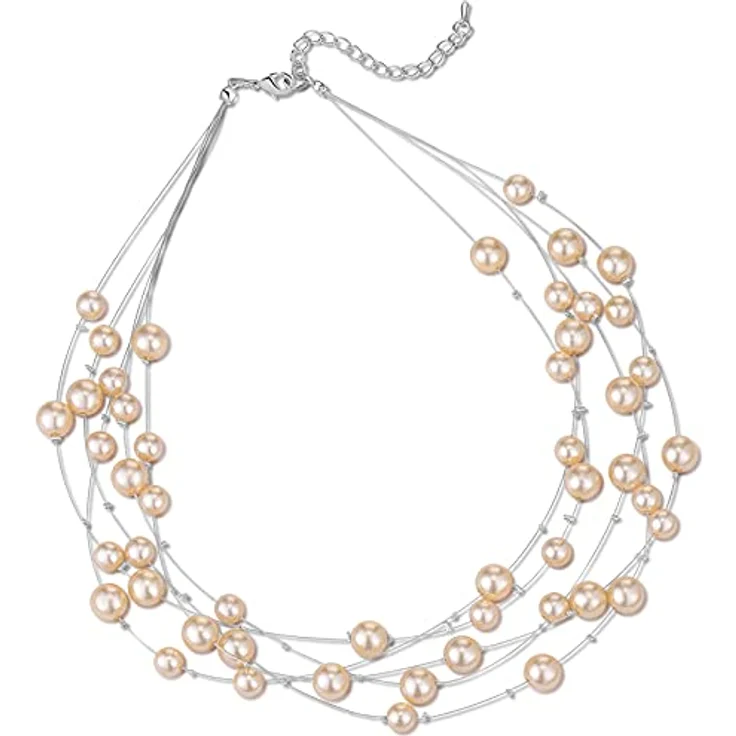 FULU AUTUMN Boho Perlenkette Damen Silber, mehrreihig, Perlen, 17" + 2.7" Verlängerung, Champagne – Bild 1