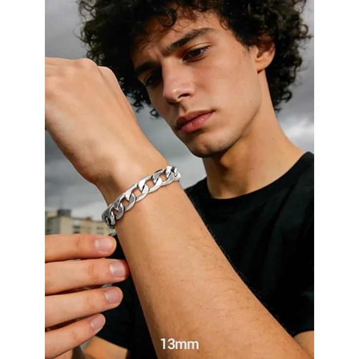 PROSTEEL Panzerarmband Herren Edelstahl, 21cm lang, 13mm breit, Silber, wasserfest und robust, klassisches Design – Bild 5