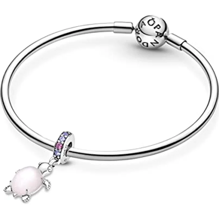 Pandora Murano Glass Pink Sea Turtle Dangle Charm 798939C02, Sterling-Silber mit mattem Rosa und violetten Kristallen, einzigartiges Design mit ausgestanztem Herz – Bild 5