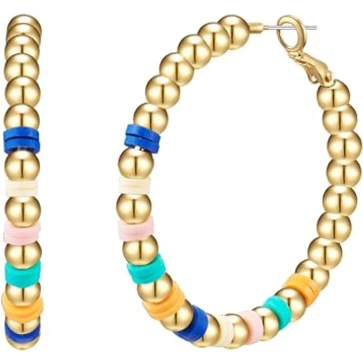 Yokoamii Damen Creolen, Metall-Legierung in Gelbgold-Optik mit bunten Plastikperlen, 49,9 mm Höhe, Modeschmuckohrcreolen in blau, weiß, rosa, türkis und orange