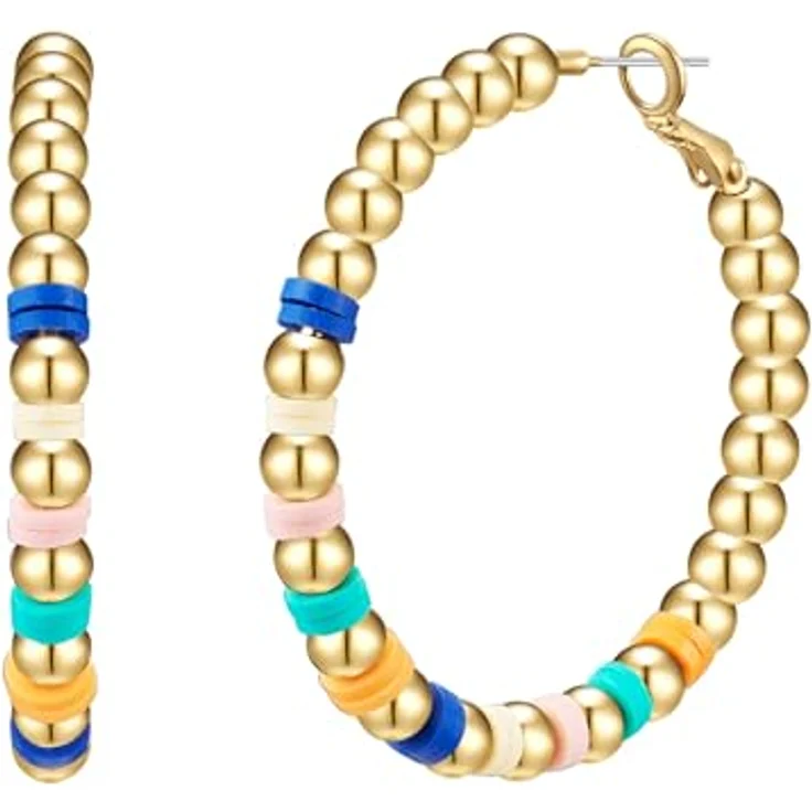 Yokoamii Damen Creolen, Metall-Legierung in Gelbgold-Optik mit bunten Plastikperlen, 49,9 mm Höhe, Modeschmuckohrcreolen in blau, weiß, rosa, türkis und orange – Bild 1