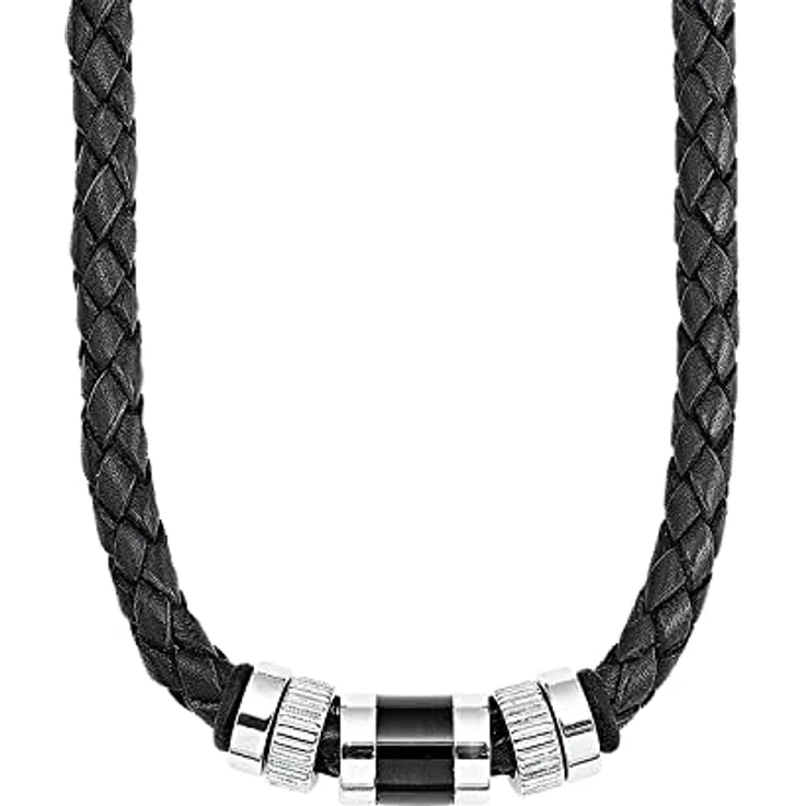 s.Oliver Collier für Herren, Edelstahl-Anhänger IP Schwarz, geflochtenes Leder, Längenverstellbar 45-48 cm – Bild 1