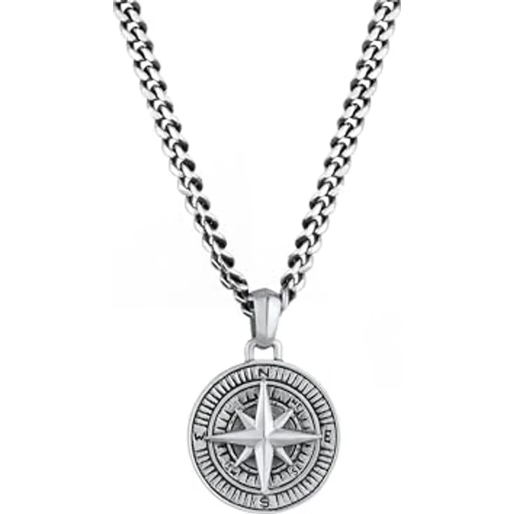 Kuzzoi Herren Halskette Kompass Windrose 925 Sterling Silber oxidiert, Panzerkette 50cm mit Anhänger 34mm