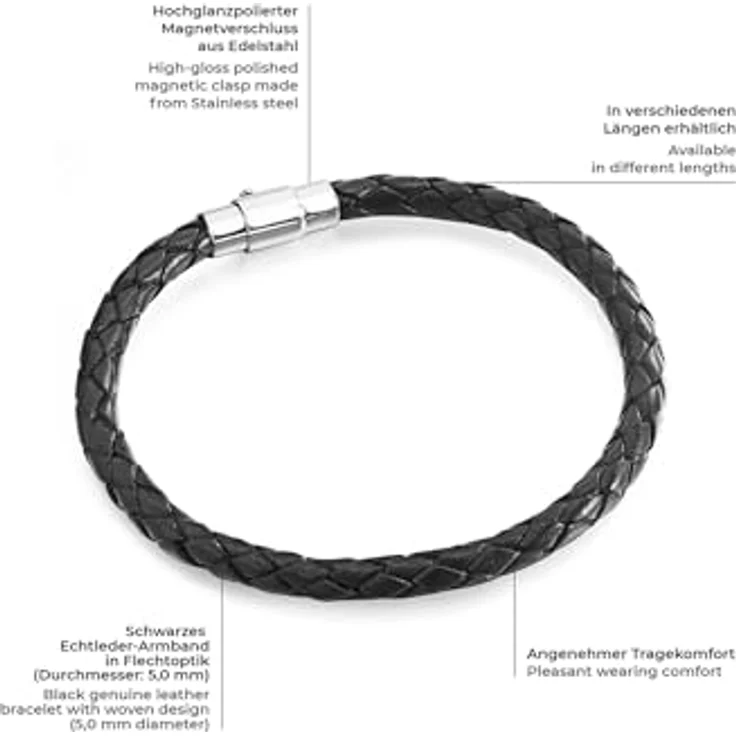 Rafaela Donata Unisex Lederarmband Echtleder Schwarz, geflochten, Magnetverschluss aus Edelstahl, 6 Längen verfügbar – Bild 2