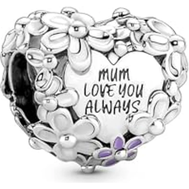 PANDORA Charm Blumiges Herz Mum Pink, Sterling-Silber mit rosa- und lilafarbener Emaille, graviert "MUM LOVE YOU ALWAYS" – Bild 1