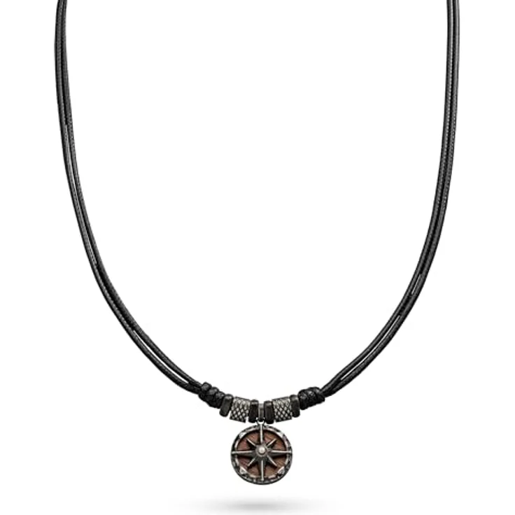 s.Oliver Herren Necklace, Echtleder & Edelstahl, schwarzes Lederband verstellbar 55 cm, hautfreundlich, mit Kompass-Anhänger – Bild 2