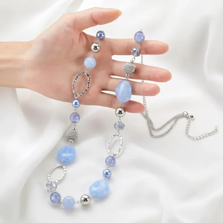 Bulinlin Lange Silber Perlenkette für Damen, Boho Statement Halskette aus Harz- und Metallperlen, 35+3 Zoll, Light Blue – Bild 5