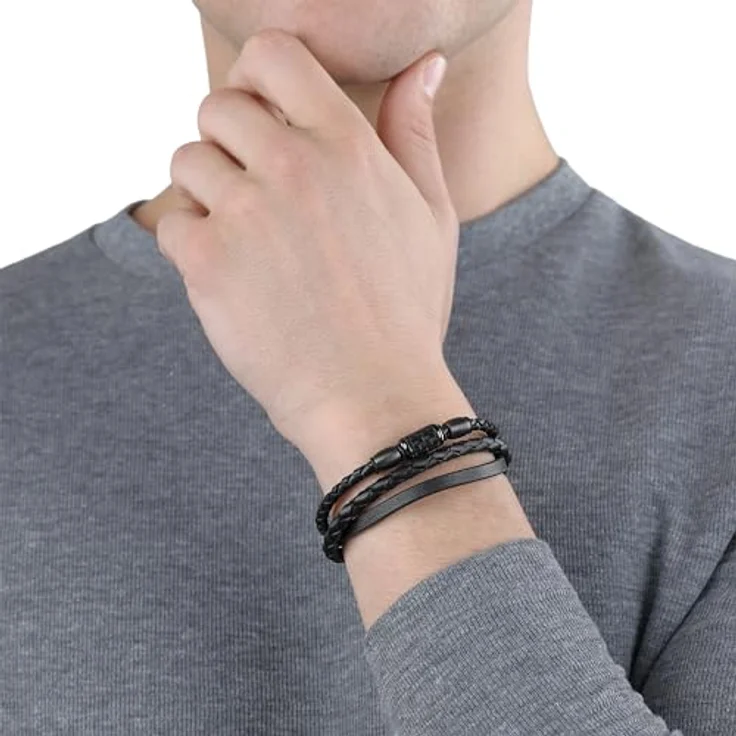 s.Oliver Armband Edelstahl/Leder für Herren, eleganter Armschmuck, 20+1,5 cm, mit Klappverschluss, in Schmuck Geschenk Box – Bild 2