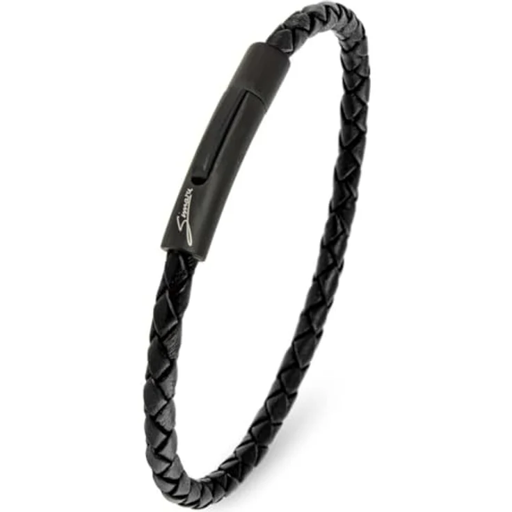 Simaru Lederarmband, 4mm geflochten aus Echtleder mit Edelstahl Hakenverschluss, Schwarz, 20cm (M), wasserfest, unisex, Premium-Qualität Made in Germany – Bild 1