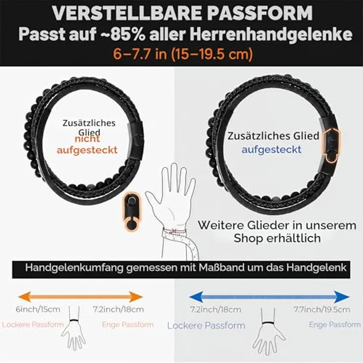 KC Premium Männer Lederarmband mit Lavastein Jasper Perlen, Handgemacht mit inspirierender Gravur, Größenverstellbar mit Magnetverschluss Edelstahl, Lieferung in Geschenk Schmuckbox (Silber Grau Schwarz) – Bild 5