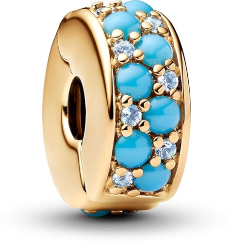 PANDORA Moments Aquablaues Clip-Charm aus 14 Karat Vergoldetem Sterling Silber mit eisblauen und capriblauen Kristallen, Kompatibel mit Moments Anhängern