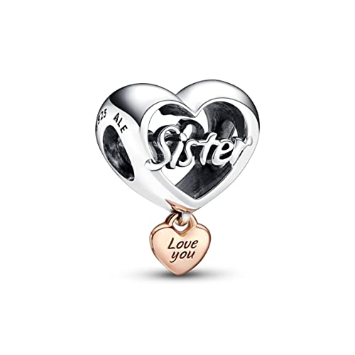 PANDORA „Love You Sister“ Herz-Charm, Sterling-Silber und 14 Karat rosévergoldet, kompatibel mit PANDORA Moments Armbändern