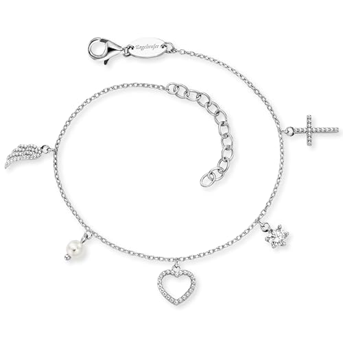 Engelsrufer Damen Armband, Sterling Silber mit Zirkonia, Perle und Anhängern - Kreuz, Herz, Engelsflügel - längenverstellbar 17-20 cm, nickelfrei