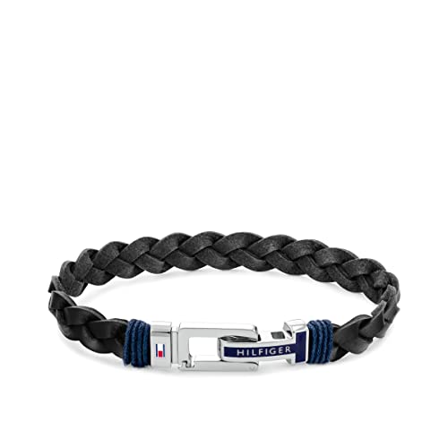 Tommy Hilfiger Geflochtenes Lederarmband für Herren, verstellbar, in Blau oder Schwarz, mit Edelstahlverschluss und Flaggenlogo