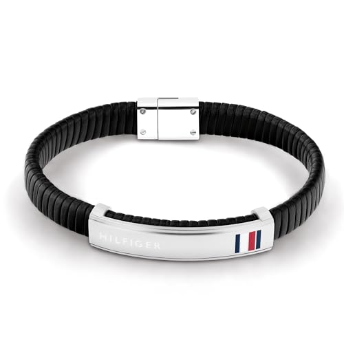 Tommy Hilfiger Jewelry Armband für Herren aus geflochtenem schwarzem Leder mit Edelstahl-Details, 19 cm, magnetischem Verschluss und emailliertem Flaggenlogo