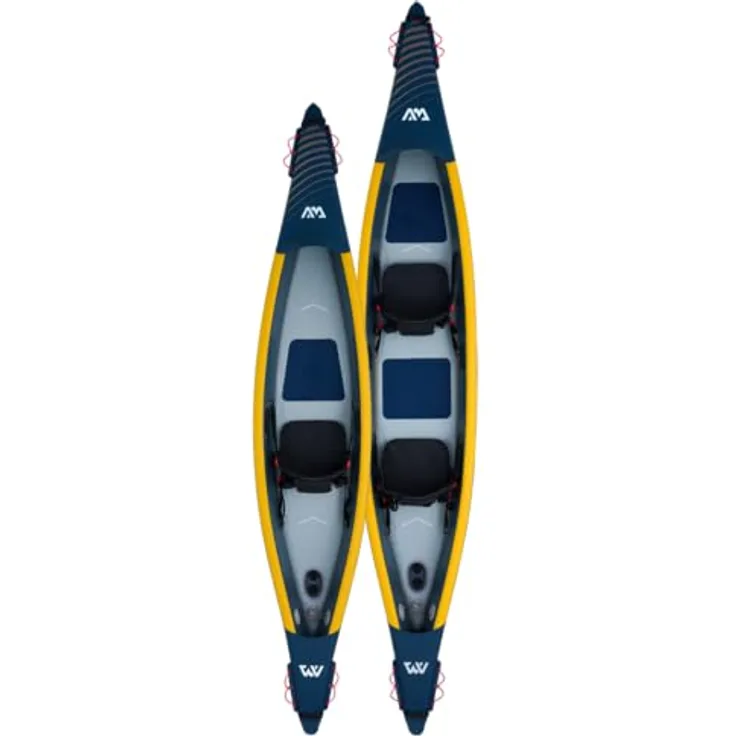 Aqua Marina Tomahawk AIR-K, Hochdruck Drop-Stitch Kajak für 2 Personen, 440 cm, Marine/Gelb mit 3 Luftkammern für Sicherheit und V-förmigem Kiel für optimales Paddeln