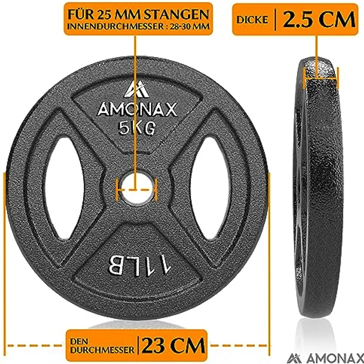 Amonax Hantelscheiben Set, 2,5kg, 5kg, 10kg Hantel Set für 25mm Gewichte Hantel Bar, Metall Hantelscheiben für Gewichtheben und Hip Thrust, hantelscheiben gusseisen für das Home Gym – Bild 4