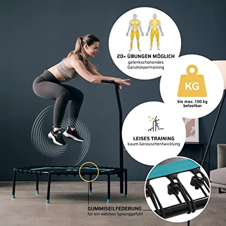 SportPlus Fitness Trampolin für zuhause, mit Haltestange (5-Fach höhenverstellbar), weiche Gummiseilfederung, sehr leise & bis 130 kg belastbar – Bild 4