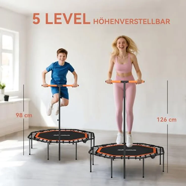 SPORTNOW Fitness Trampolin klappbar Ø128 cm, Mini Trampolin mit 5-stufig höhenverstellbarem Haltegriff und leisen Gummiseilen für Indoor und Outdoor Jumping – Bild 3