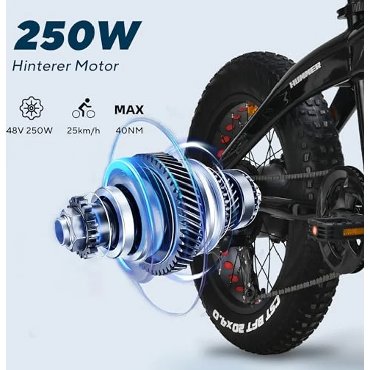 VecoCraft Hummer E Bike Klapprad 20 Zoll, 48V 10Ah Akku, Reichweite bis 80 KM, 250W Motor, 4.0" Fettreifen, 7-Gang, für Damen und Herren – Bild 3