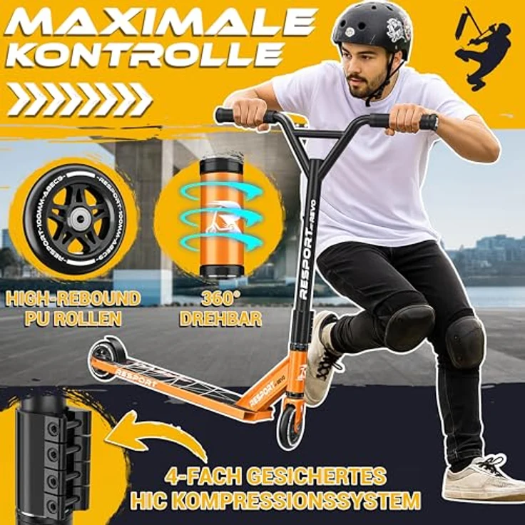 RE:SPORT® Stunt Scooter REVO, Profi Stuntroller für Kinder & Erwachsene mit Ständer, 100mm Polyurethan Wheels, Y-Bar, ABEC 9 Kugellager – Bild 2