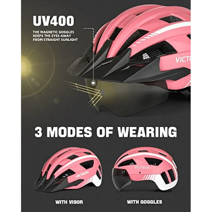 Victgoal VICTGOAL Fahrradhelm mit Abnehmbarer Magnetischer Schutzbrille, Atmungsaktiv und 21 Belüftungskanälen, für Herren Damen, Einstellbare Größe L (57-61 cm), Rosa – Bild 2