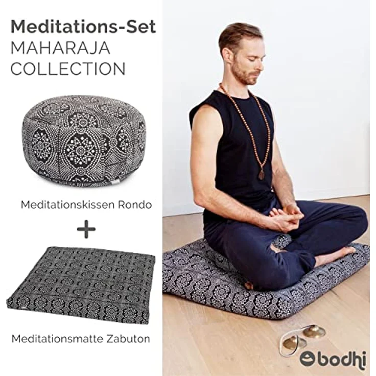 Bodhi Meditations-Set | Maharaja Collection | Meditationsmatte (Zabuton) & Meditationskissen Rondo mit Dinkelfüllung | Bezug aus Baumwolle | Unterlage zur Meditation (Madurai/Ecru) – Bild 4