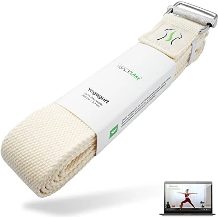 BACKLAxx® Yoga Gurt Baumwolle (natur) – Nachhaltiges Yoga Zubehör Set, Yogagurt 250 cm lang mit praktischem Verschluss aus Metall – Yoga Set ideal für Yoga, Pilates und Dehnen inkl. Anwendungsvideos – Bild 1