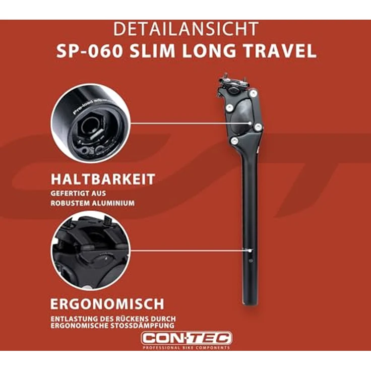 CONTEC Federsattelstütze SP-060 Slim, Parallelogramm, Ø 27,2 mm, 350 mm Länge, 36 mm Federweg, Aluminium, Schwarz für MTB und Tourenfahrrad – Bild 3