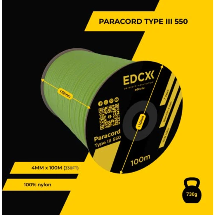 EdcX Paracord 550 Typ III 4 mm, 100 m, grün, 100% Nylon, ideal für Camping und Outdoor-Aktivitäten – Bild 3