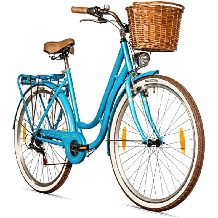 Bergsteiger Marseille 26 Zoll Damenfahrrad, ab 150 cm, Korb aus Rattan, Retro-Design, 6 Gang Tourney Schaltung, Damen-Citybike, Kettenschaltung
