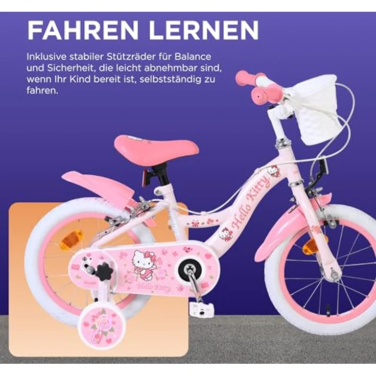 Volare Hello Kitty Kinderfahrrad 14 Zoll Rosa, abnehmbare Stützräder, Handbremse, Rücktrittbremse, geschlossener Kettenschutz, Korb – Bild 4