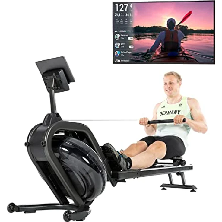 Skandika Wasserrudergerät Nemo IV | Wasser Rudergerät für Zuhause in Studio Qualität durch TÜV Süd geprüft, Kinomap, Tablet Halterung, aufstellbar | Rudermaschine mit Wasserwiderstand (Schwarz) – Bild 1