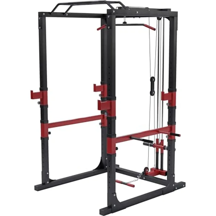 GORILLA SPORTS® Power Rack 154,5 x 164 x 214,5 cm, multifunktionale Kraftstation mit Klimmzugstange, Kabelzug und verstellbaren Hantelablagen, Stahl in Schwarz/Rot
