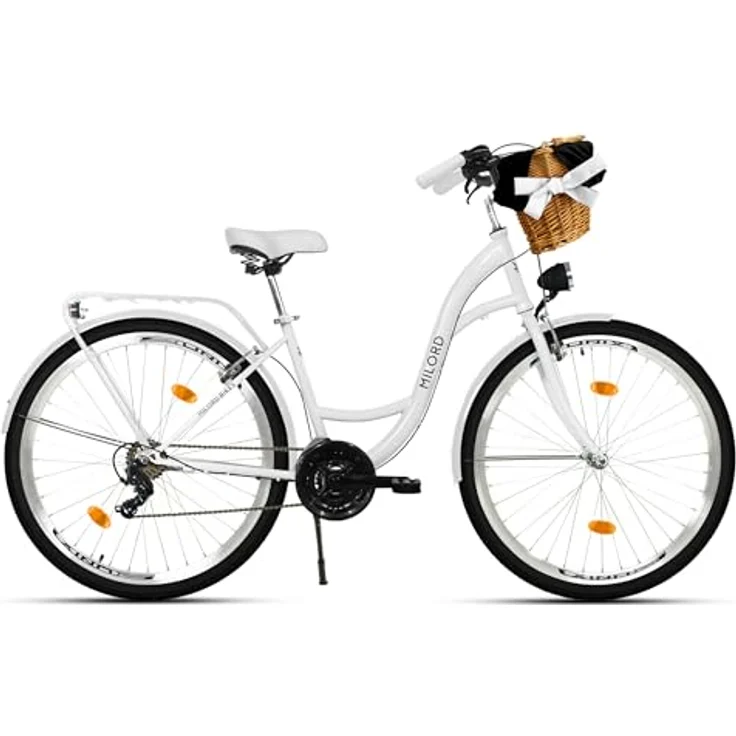 MILORD Damenfahrrad Citybike Komfort, 26 Zoll, 21-Gang-Antrieb, Weidenkorb, Weiß – Bild 2
