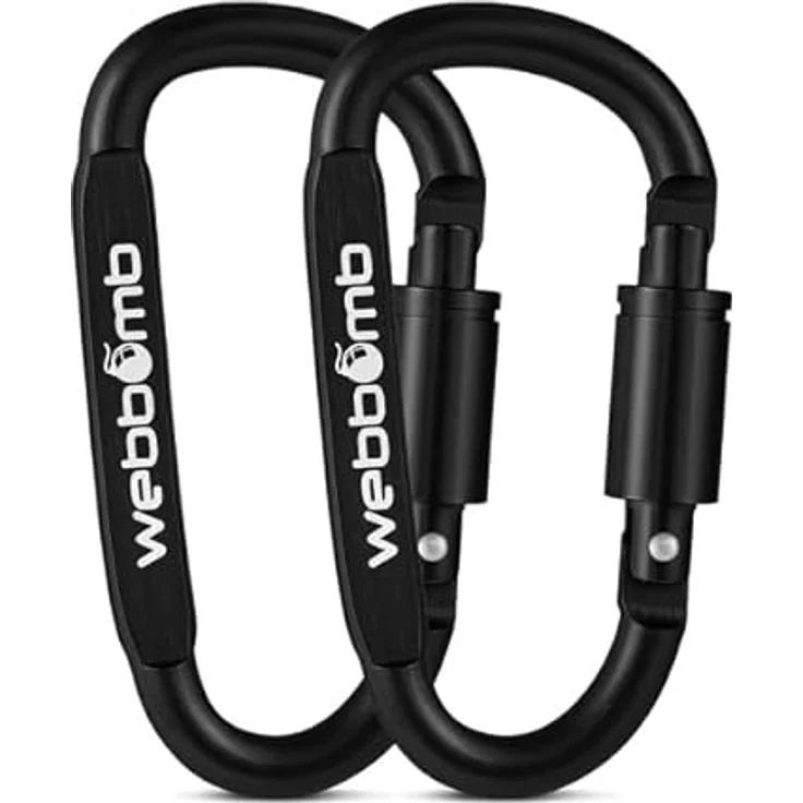 WEBBOMB® Karabiner Haken 80mm, 2 Stück Aluminium mit Schraubverschluss für Kinderwagen, Hundesport, Camping, Schwarz – Bild 1