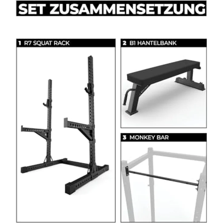 Atletica R7 Squat Rack Ghost Set | Hochbelastbare Flachbank mit Standfunktion, Spotter Arms, J-Hooks und Klimmzugstange inkl. – Bild 2