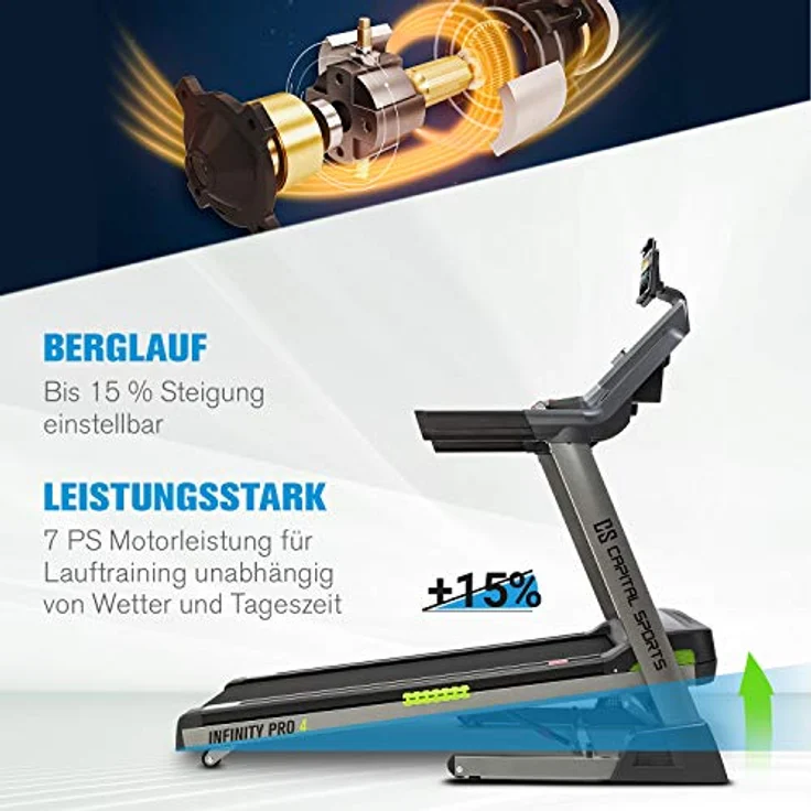 Capital Sports Infinity Pro 4.0 Laufband, 7 PS Treadmill mit 50 x 140 cm Lauffläche, bis 21 km/h, 15% Steigung, Ventilator, Faltbar, grau – Bild 5