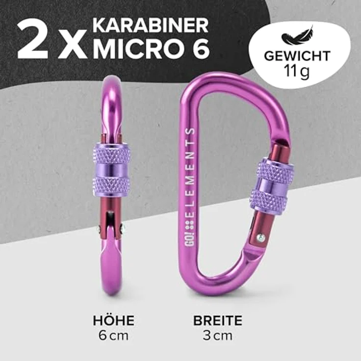 GO!elements Mini Karabiner Micro 6, Multifunktionaler Schraubverschluss-Karabiner im 2er Pack, Farbe: Magic, ultraleicht und salzwasserbeständig – Bild 2