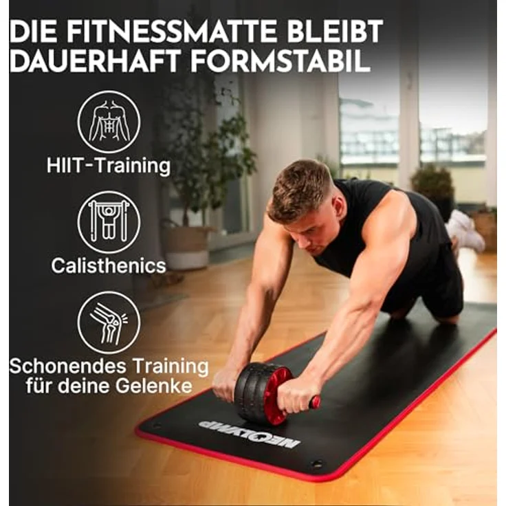NEOLYMP Fitnessmatte extra dick, rutschfest mit Aufhänge-Ösen, Tragegurt & E-Book – Yogamatte und Pilates Matte (Schwarz-Rot, 183 × 80 cm) – Bild 4