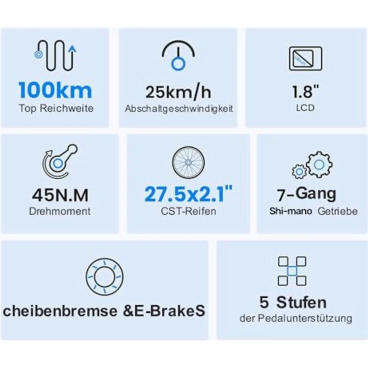 Touroll J1 ST E-Bike, 250 W Motor, 561,6 Wh Akku, Reichweite bis 100 km, 27,5", Shimano 7-Gang, 80 mm Lockout-Federung, StVZO – Bild 2