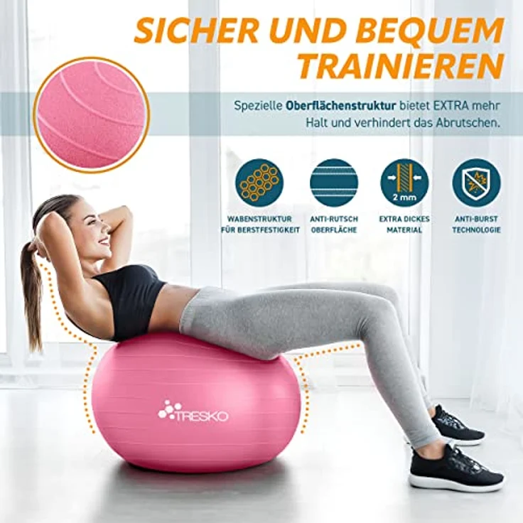 TRESKO Gymnastikball mit GRATIS Übungsposter inkl. Luftpumpe - Yogaball BPA-Frei | Sitzball Büro | Anti-Burst | 300 kg,Rosa,55cm (für Körpergröße unter 155cm) – Bild 4