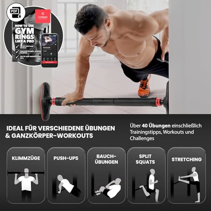 BeMaxx Klimmzugstange für Türrahmen ohne Schrauben/Bohren + Trainings-eBook - Profi Türreck Pull Up Dip Bar, gepolsterte Griffe | Klimmzug Stange zum Einhängen in Tür Zuhause, Fitness Workout Sport – Bild 4